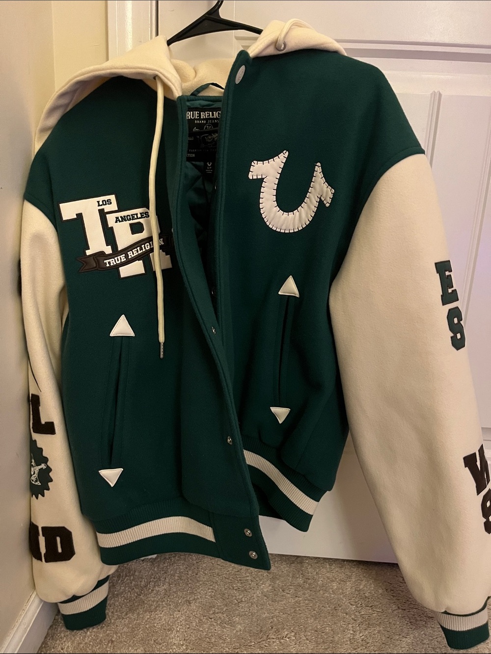 True Religion Green and Cream Varsity Bomber Jacket
